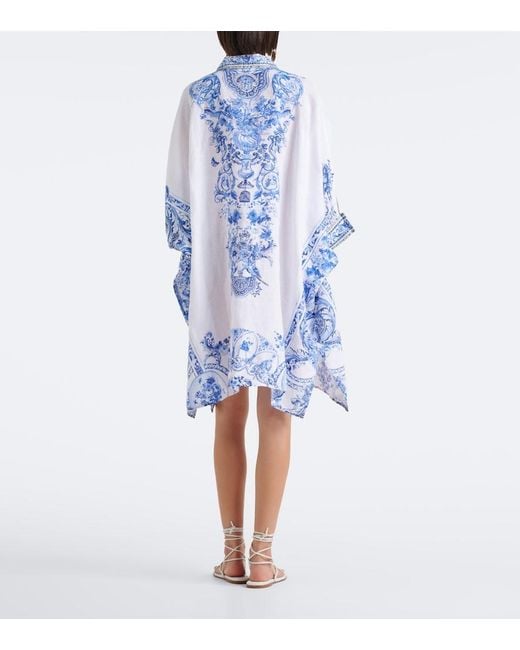 Camilla Blue Floral Crystal-Embellished Linen Kaftan