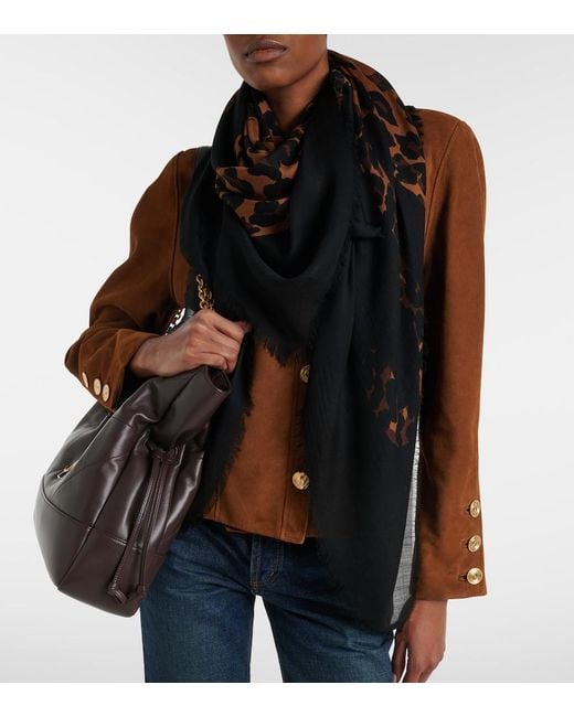 Saint Laurent Black Fringed Leopard-Print Wool Scarf