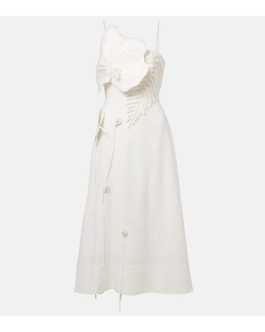 Vestido Midi En Mezcla De Lino Con Aplique Floral Farm Rio de color White