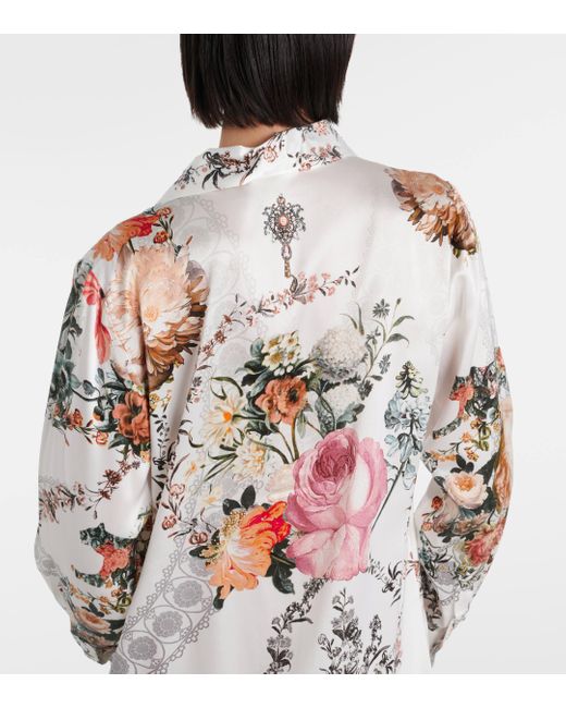 Robe chemise en satin de soie a fleurs Camilla en coloris White
