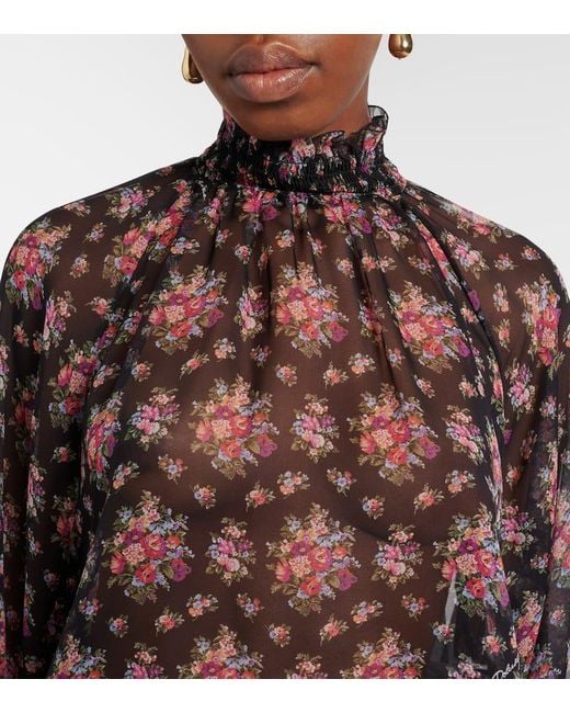Dolce & Gabbana Purple Floral Ruffled Sheer Silk Blouse