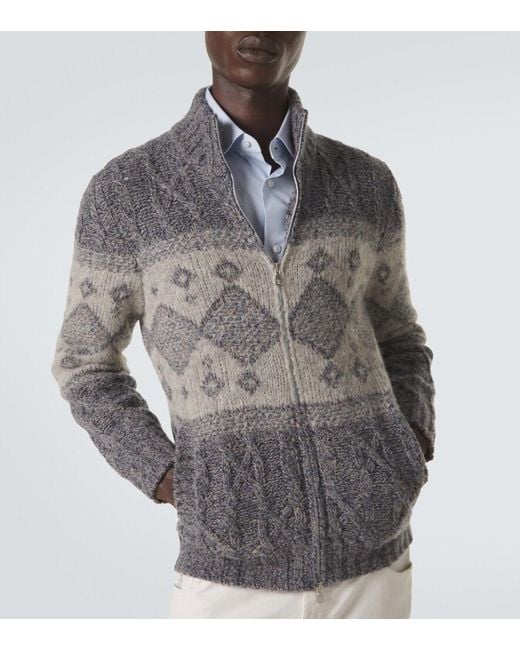 Brunello Cucinelli Gray Fair Isle Wool, Silk, And Cashmere Cardigan for men