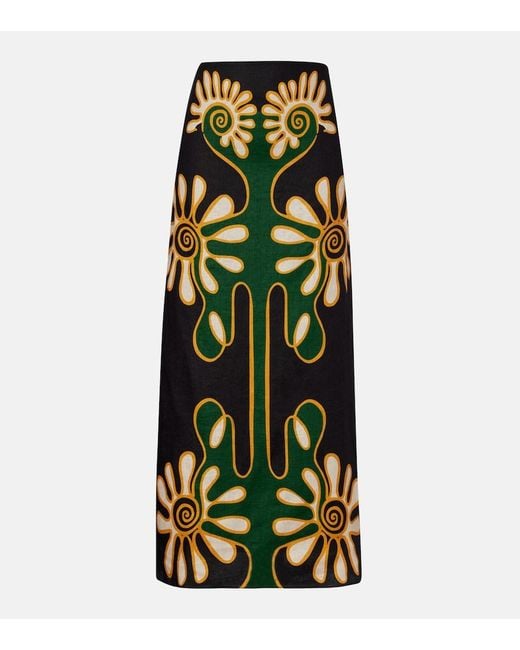 Cala De La Cruz Green Celina Printed Linen Midi Skirt