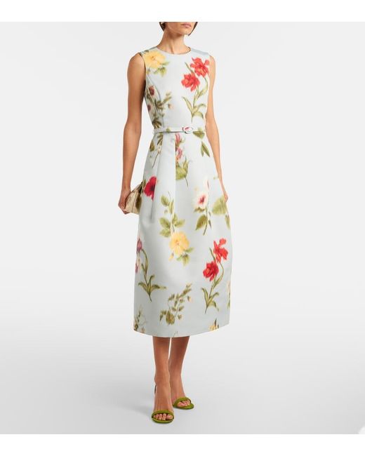 Oscar de la Renta White Belted Floral Faille Cocktail Dress
