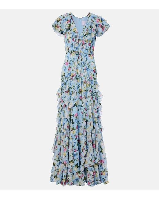 Carolina Herrera Blue Floral Ruffled Silk Gown