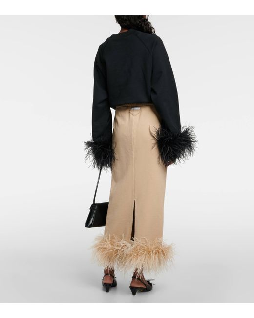 Prada Natural Feather-trimmed Cotton Midi Skirt