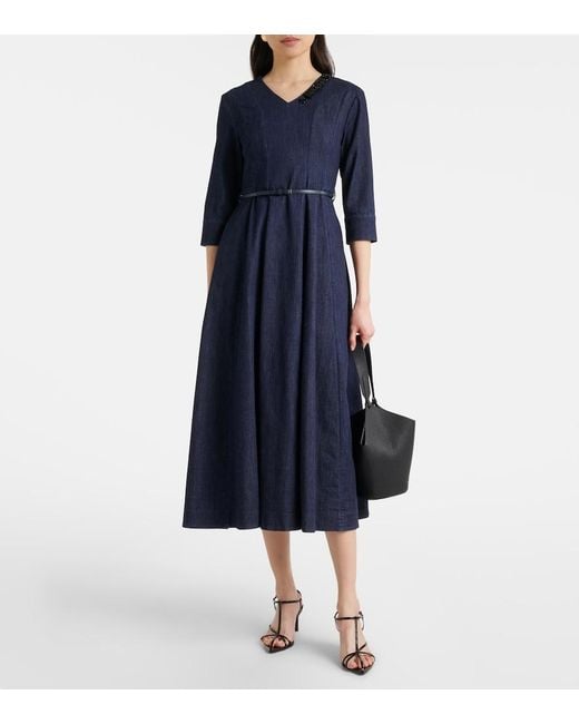 Max Mara Blue Vela Embellished Belted Denim Midi Dress