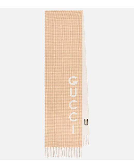 Gucci Natural Fringed Houndstooth Wool And Cashmere-blend Scarf