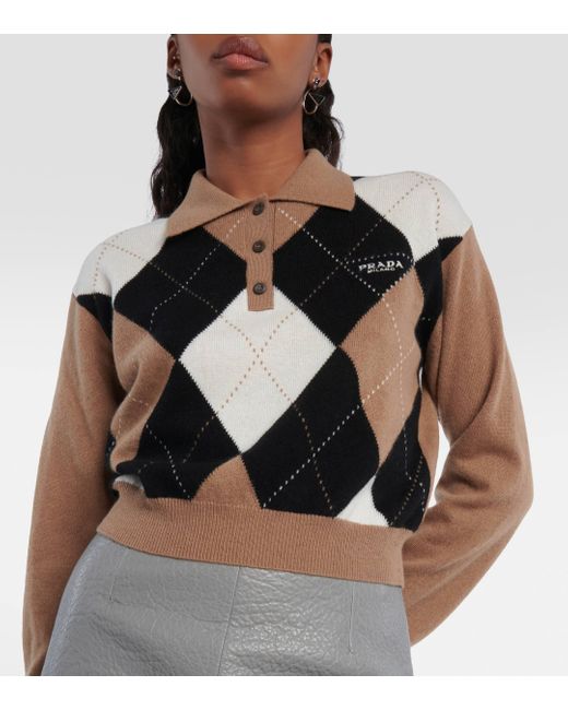 Prada Black Argyle Cashmere Polo Sweater