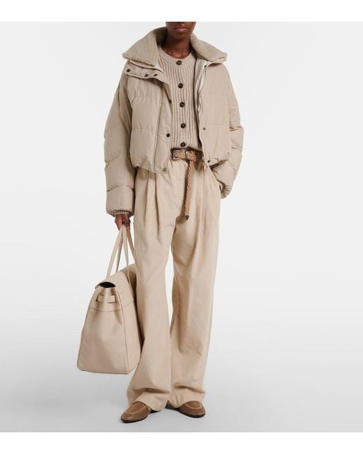 Brunello Cucinelli Natural Shearling-Trimmed Cotton-Blend Down Jacket
