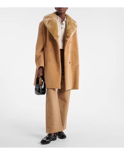 Miu Miu Natural Shearling-Trimmed Corduroy Coat