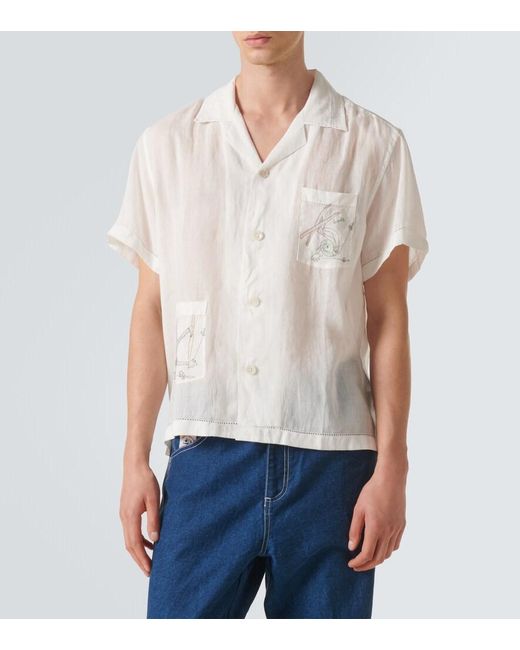 Bode White Skiers Linen Bowling Shirt for men