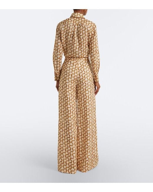 Zimmermann Metallic Belted Printed Linen Wide-Leg Pants