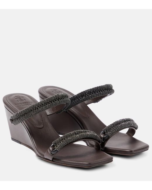 Brunello Cucinelli Brown Leather Wedge Sandals
