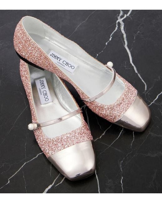 Jimmy Choo Pink Elisa Leather-Trimmed Glitter Ballet Flats
