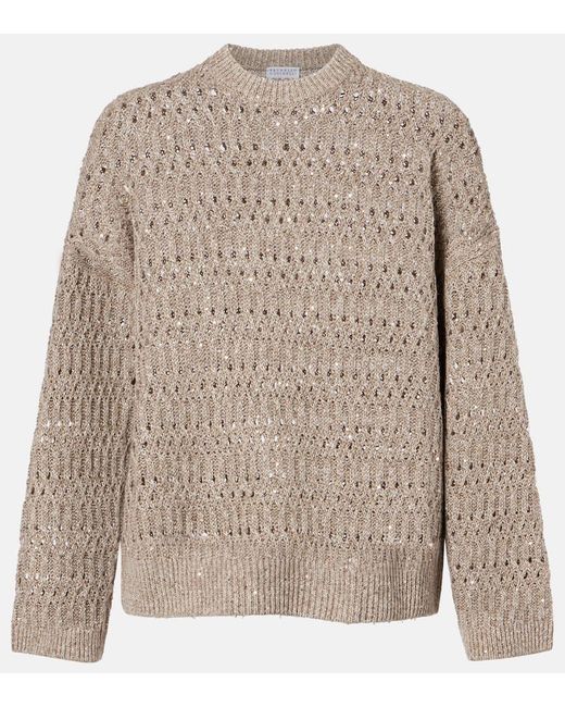 Brunello Cucinelli Brown Sequined Linen-Blend Sweater