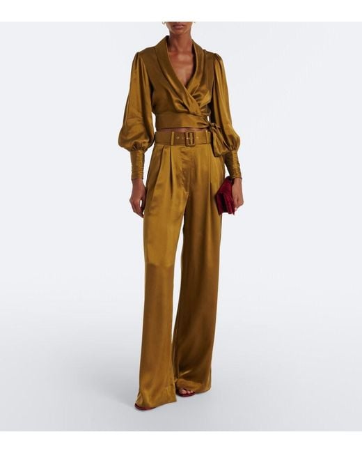 Zimmermann Natural Belted Pleated Silk Wide-Leg Pants