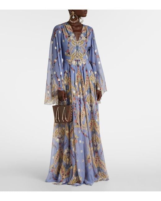 Robe Longue En Soie A Fleurs Etro en coloris Blue