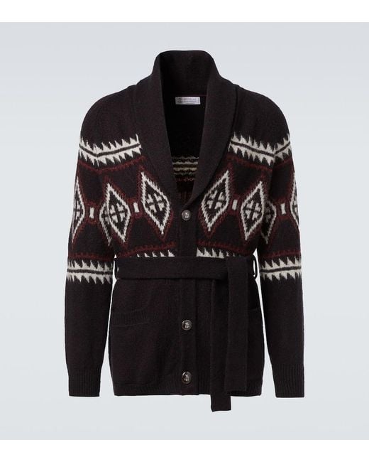Brunello Cucinelli Black Jacquard Wool, Silk, And Cashmere Cardigan for men