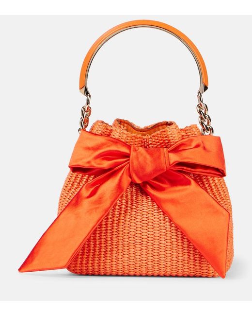 Jimmy Choo Orange Bon Bon Bow-Detail Raffia Bucket Bag