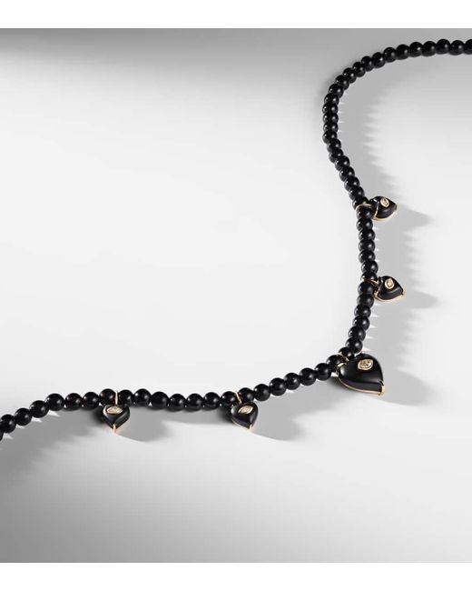 Sydney Evan Metallic Carved Heart 14Kt Beaded Necklace With Diamonds And Onyx