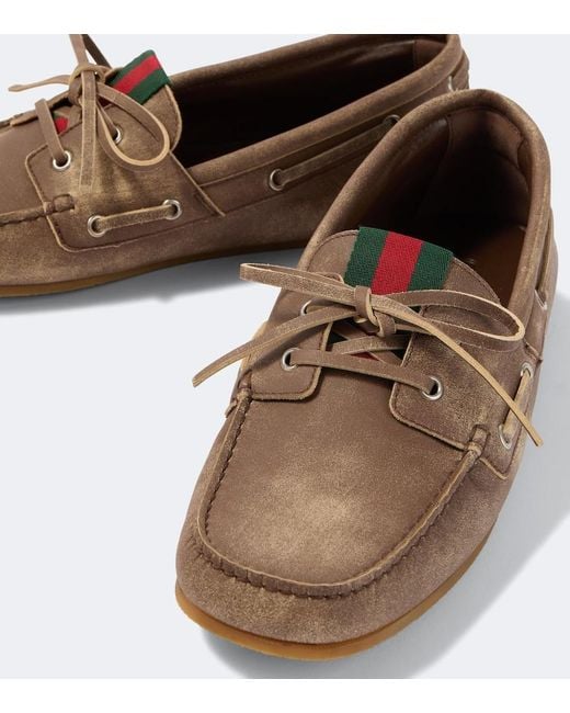 Gucci White Web Stripe Leather Boat Shoes for men