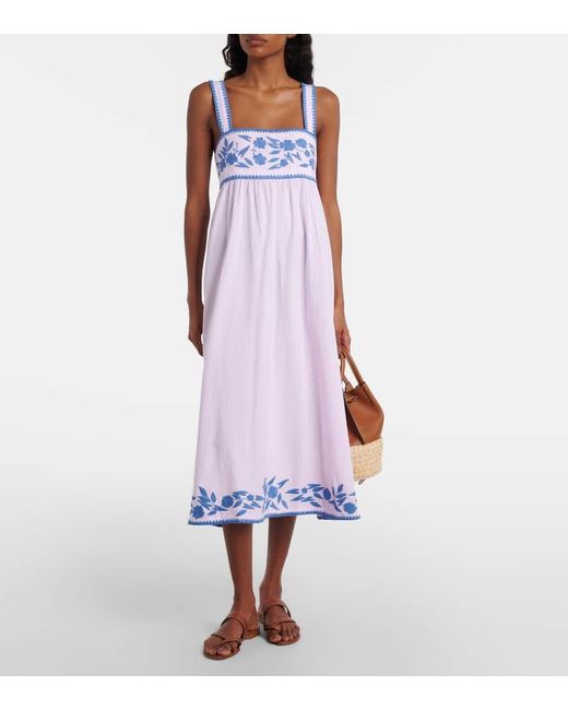 Juliet Dunn Pink Besticktes Midikleid Aus Baumwolle Und Leinen