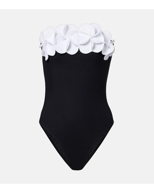 Karla Colletto Blue Tess Floral-Applique Bandeau Swimsuit