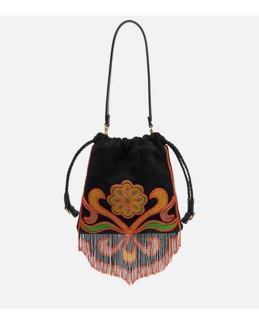 Etro Black Kalispera Small Beaded Suede Shoulder Bag