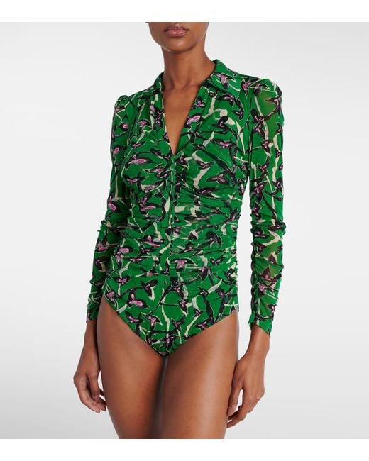 Diane von Furstenberg Green Giorgi Printed Mesh Bodysuit