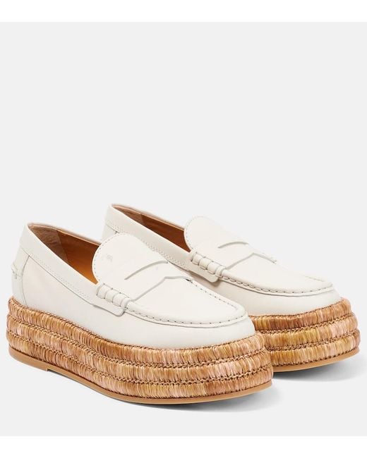 Tod's White Leather And Raffia Platform Loafers