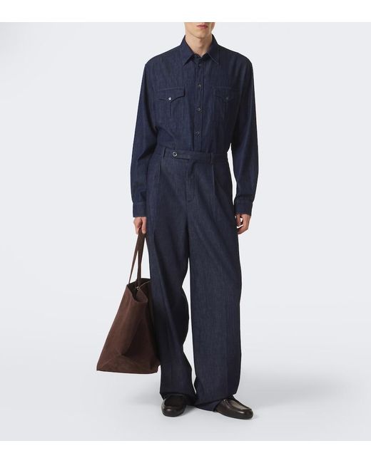 Jil Sander Blue Cotton Chambray Wide-Leg Pants for men