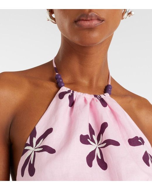 Cala De La Cruz Pink Lodi Floral Halterneck Linen Crop Top