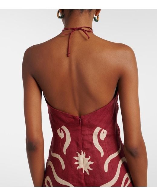 Cala De La Cruz Red Leda Printed Halterneck Linen Maxi Dress