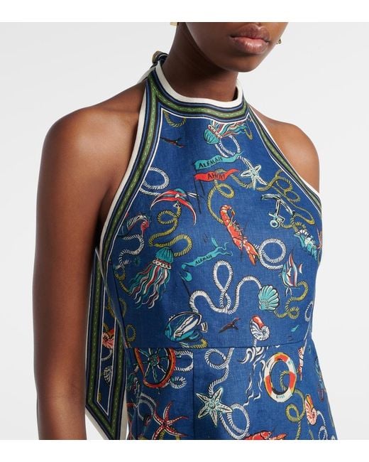 ALÉMAIS Blue Cove Printed Halterneck Linen Minidress