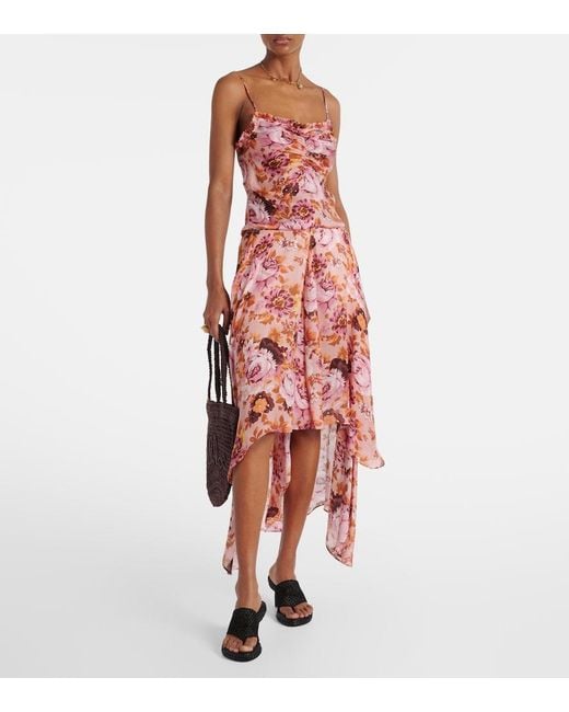 Chloé Red Asymmetric Floral Silk Midi Skirt