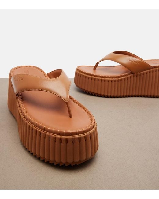 Chloé Brown Nama Leather Platform Thong Sandals