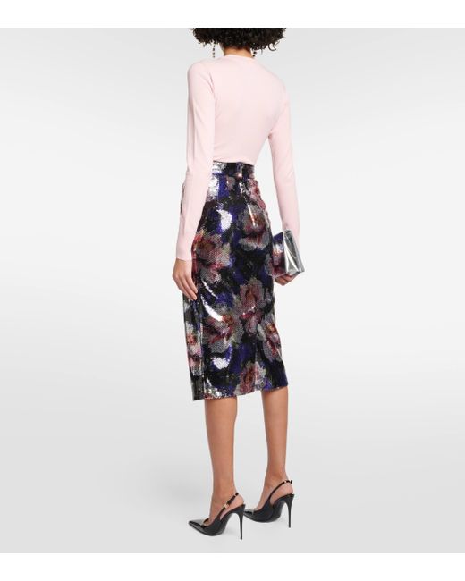 Dolce & Gabbana Blue Sequined Floral Midi Skirt