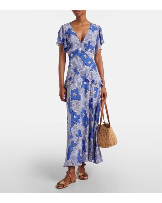 Rixo Blue Evie Floral Silk Maxi Dress