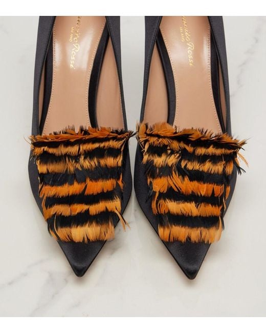 Gianvito Rossi Black Feather-Trimmed Satin Pumps