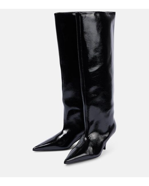 Black Leather Knee High Pointed Toe Boot