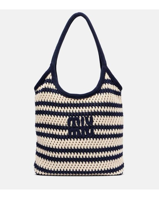 Miu Miu Blue Ivy Logo Striped Crochet Tote Bag