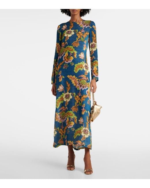 LaDoubleJ Blue Swing Printed Devoree Velvet Maxi Dress