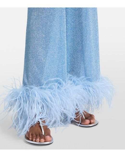 Oséree Lumiere Feather-Trimmed Wide-Leg Pants in Blue | Lyst