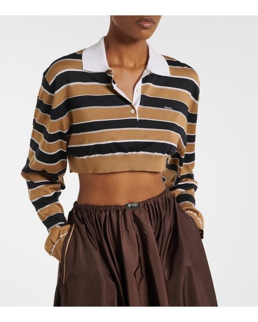 Prada Black Striped Cropped Silk Polo Shirt
