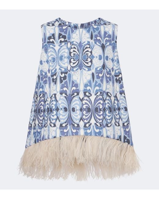 LaDoubleJ Blue La Scala Feather-Trimmed Cotton Top