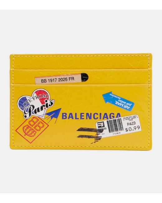 Balenciaga Yellow Logo Printed Leather Card Holder