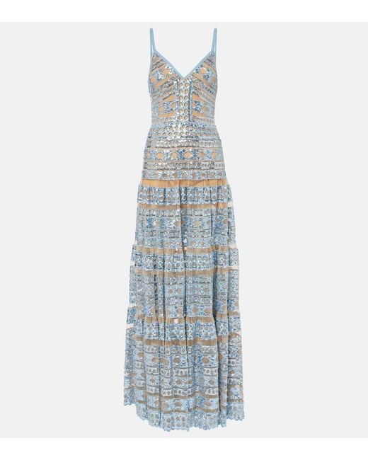 Elie Saab Blue Sequined Tulle-Trimmed Gown