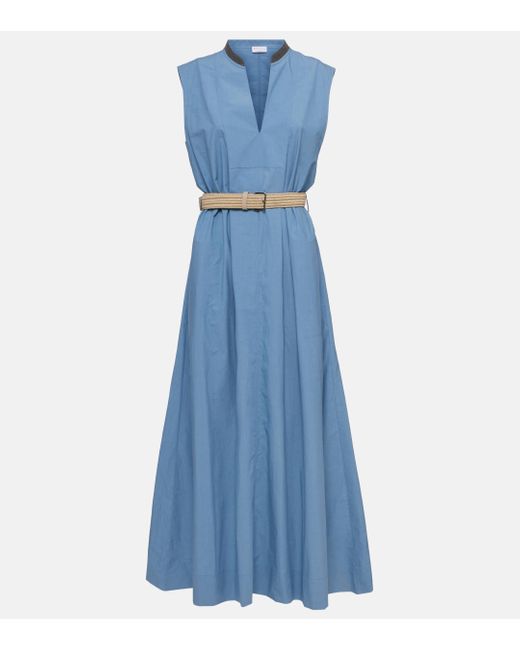 Brunello Cucinelli Blue Embellished Cotton Poplin Maxi Dress