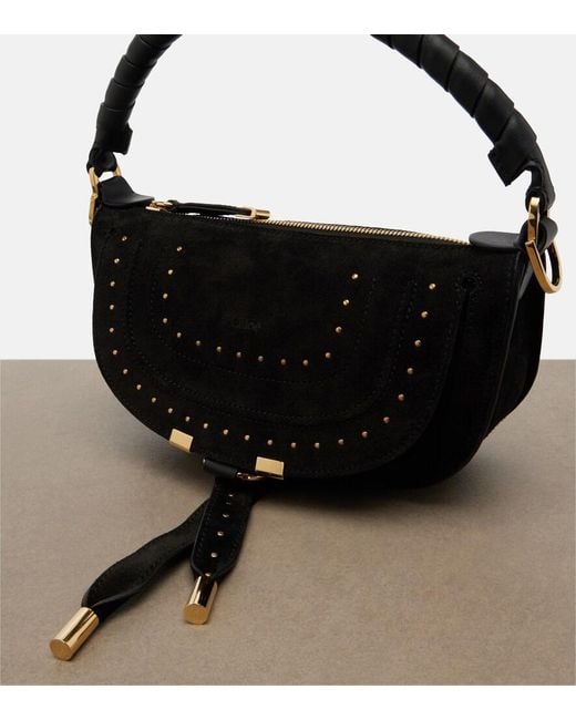 Chloé Black Marcie Small Studded Suede Shoulder Bag